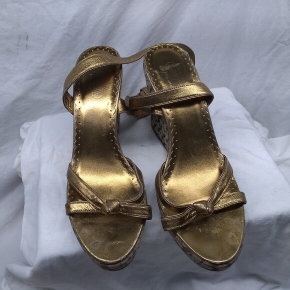 Coach Women's Wedge Platform Sandals Signature Logo Brown Gold Size 11 B Good - Picture 3 of 10